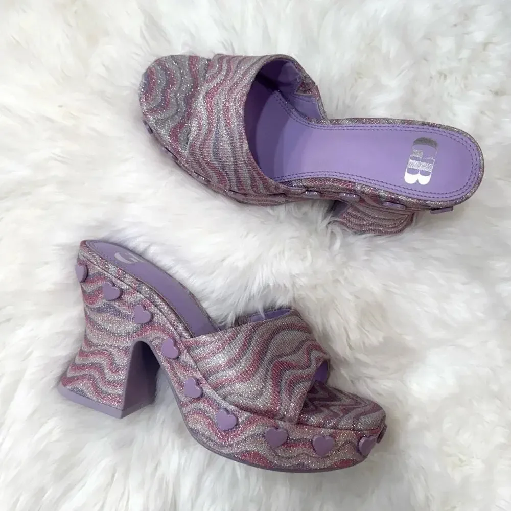 GB Heart-String Sparkle Swirl Heart Studded Platform Slide Sandals Sz 6